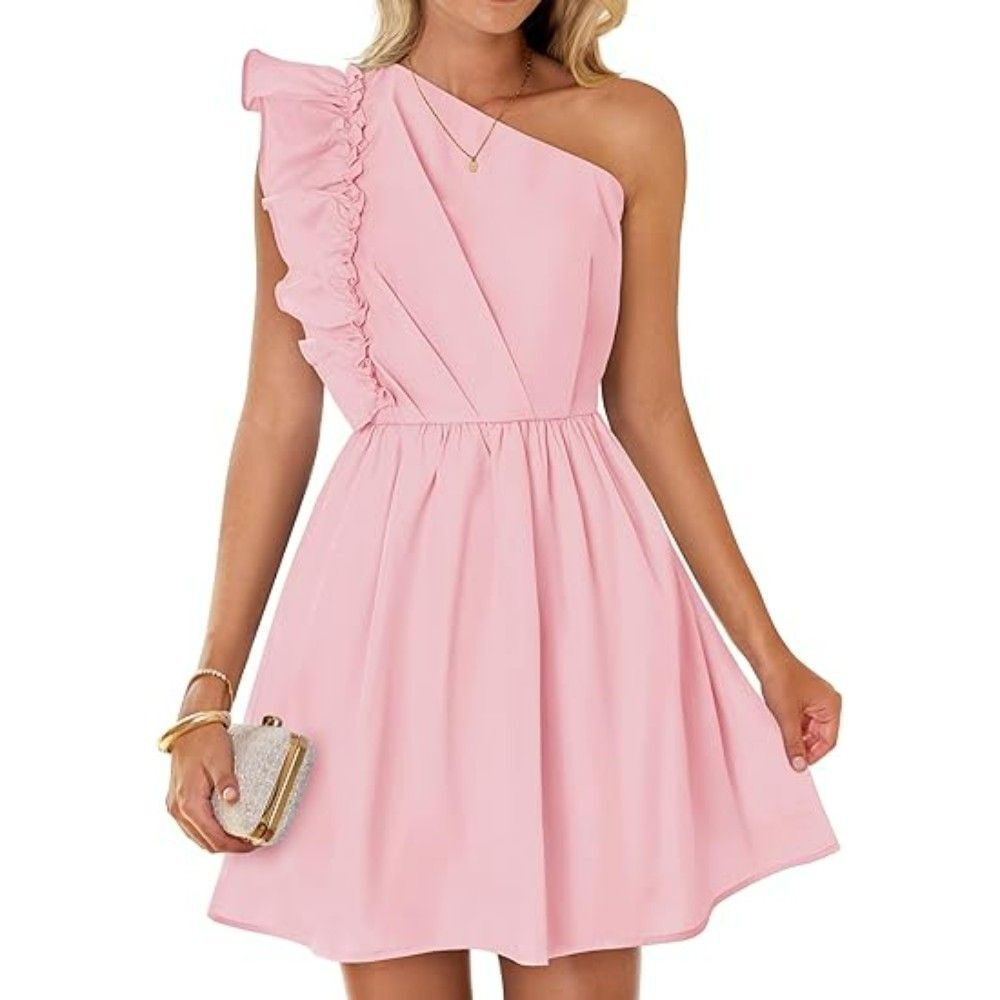 ZESICA Women's One Shoulder Mini Dress MEDIUM Pink Ruffle Sleeveless Boho Dress
